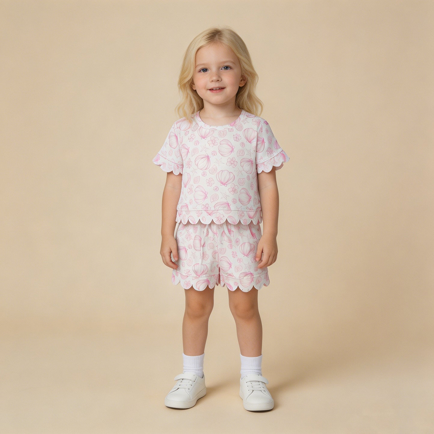 GSSO3729 RTS NO MOQ （In stock）Short sleeves scallop shell starfish girls summer outfits