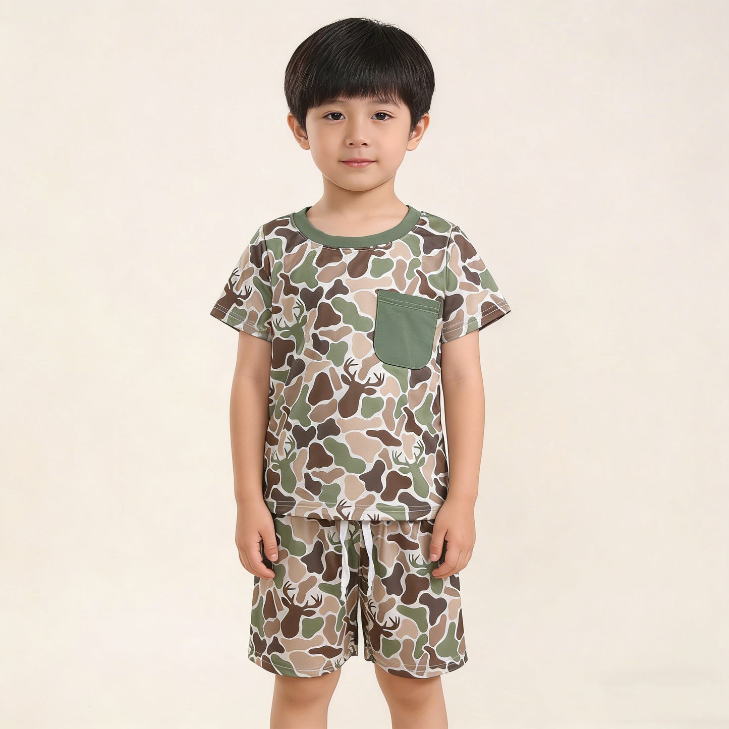 4.1 RTS NO MOQ （In stock）BSSO1792 Short sleeves pocket deer camo top shorts boys outfits