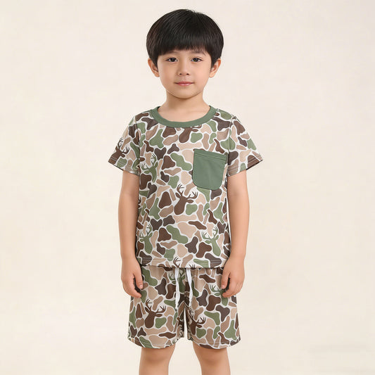 4.1 RTS NO MOQ （In stock）BSSO1792 Short sleeves pocket deer camo top shorts boys outfits