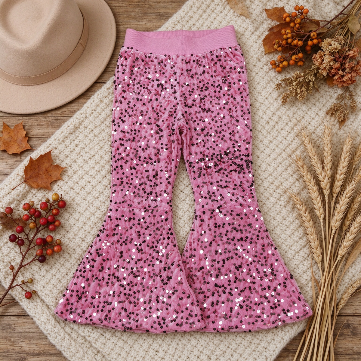 RTS NO MOQ （In stock）milk silk D5-27 Baby Girls Pink Sequin Bell Bottom Pants