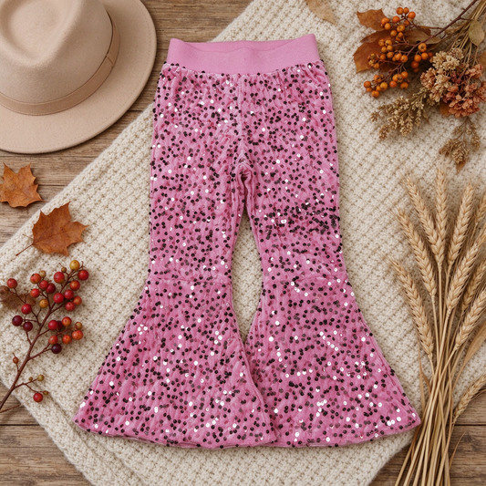 RTS NO MOQ （In stock）milk silk D5-27 Baby Girls Pink Sequin Bell Bottom Pants