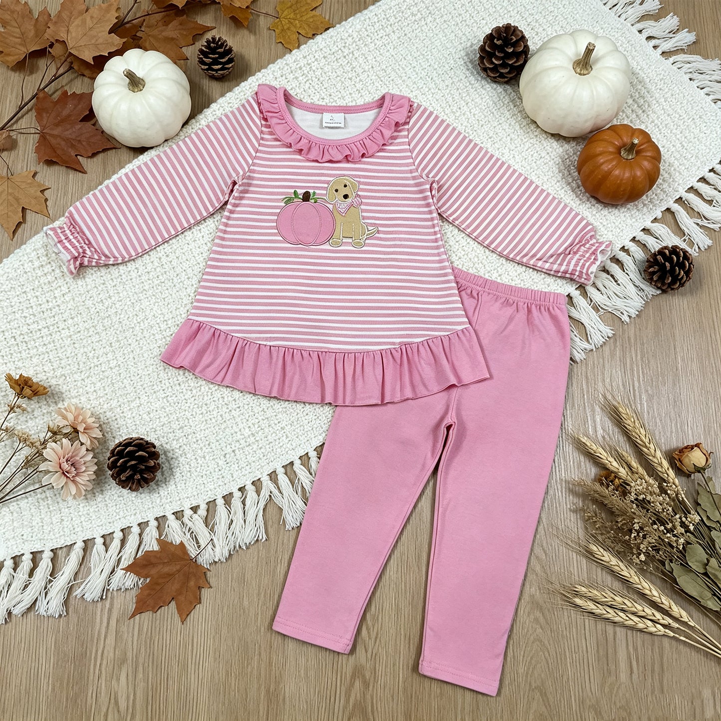 GLP3480 RTS NO MOQ （In stock）milk silk Embroidery Baby Girls Pink Stripe Pumpkin Dog Print Long Sleeve Tunic Legging Fall Outfit Set