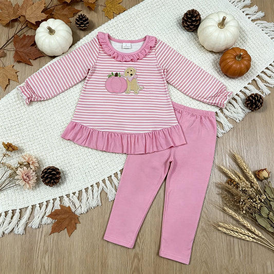 GLP3480 RTS NO MOQ （In stock）milk silk Embroidery Baby Girls Pink Stripe Pumpkin Dog Print Long Sleeve Tunic Legging Fall Outfit Set