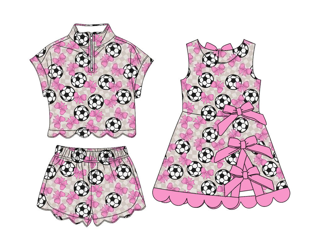 4.11 Pre order No Moq Baby Girls Footballs Bows Team Yoga Active Scallop Short Knee Length Dress and Clothes Set
