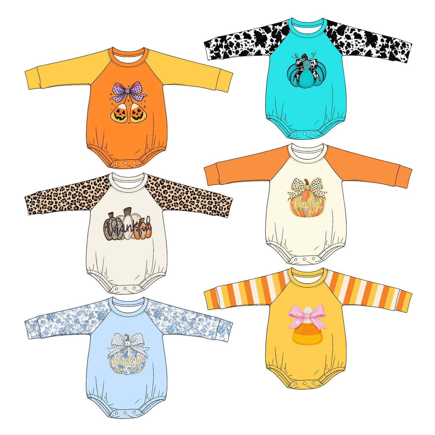 4.27 Pre Order No moq Baby Girls Long Sleeve Bows Pumpkins Fall Rompers