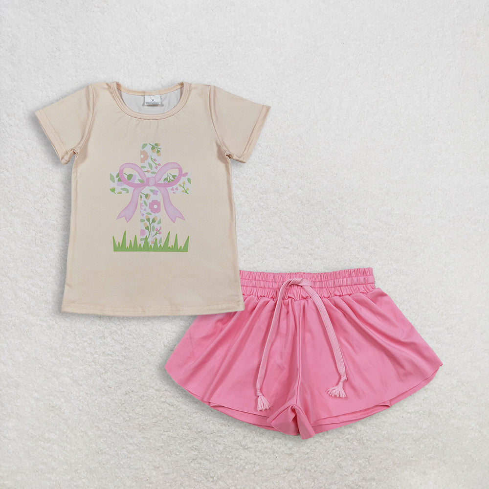 3.5 RTS NO MOQ （In stock）GT1397 + SS0546 Baby Girls Short Sleeve Flowers Cross Easter T-shirts Top Summer Shorts Bottoms