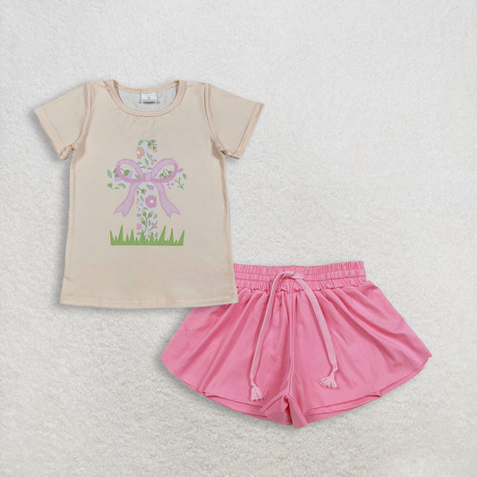 3.5 RTS NO MOQ （In stock）GT1397 + SS0546 Baby Girls Short Sleeve Flowers Cross Easter T-shirts Top Summer Shorts Bottoms