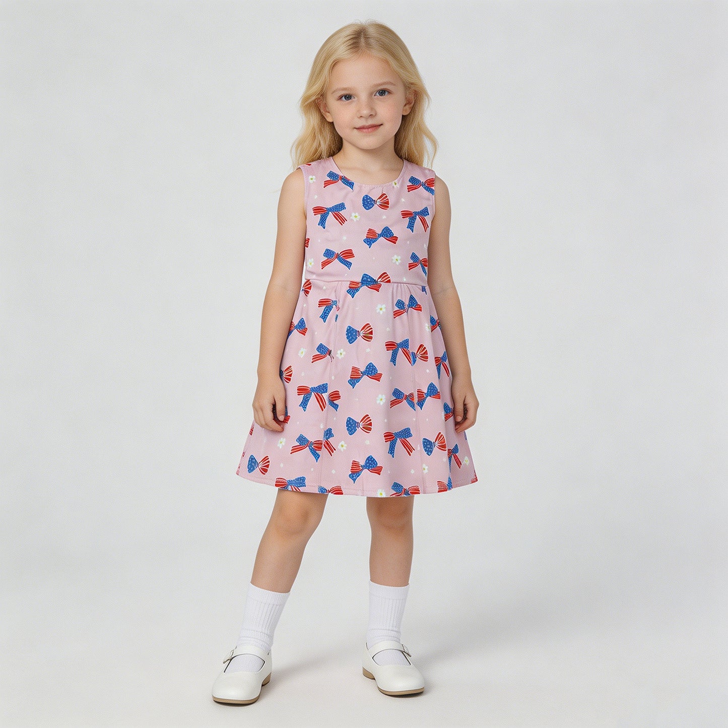 GSD3748 RTS NO MOQ （In stock）Stars stripe bows kids girls 4th of july athletic dresses