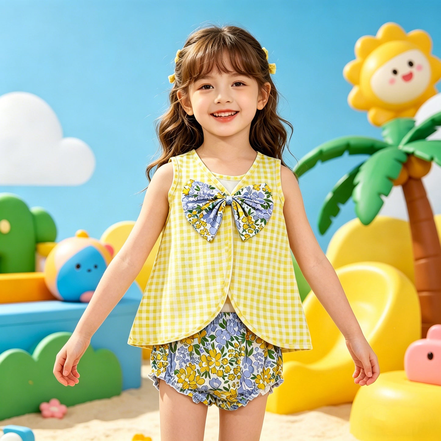 GBO0504 RTS NO MOQ （In stock）Sleeveless yellow plaid top floral bummies baby girls set
