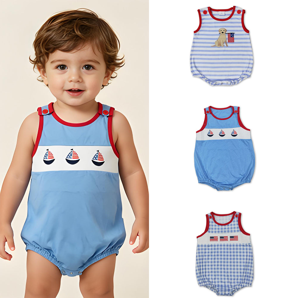 RTS Sibling Sleeveless stripe dog flag baby boys 4th of july romper