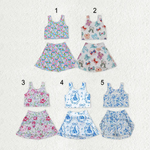 10.11 RTS Sibling Baby Girls Flowers Bows Sleeveless Vest Yoga Athletic Skorts Sets