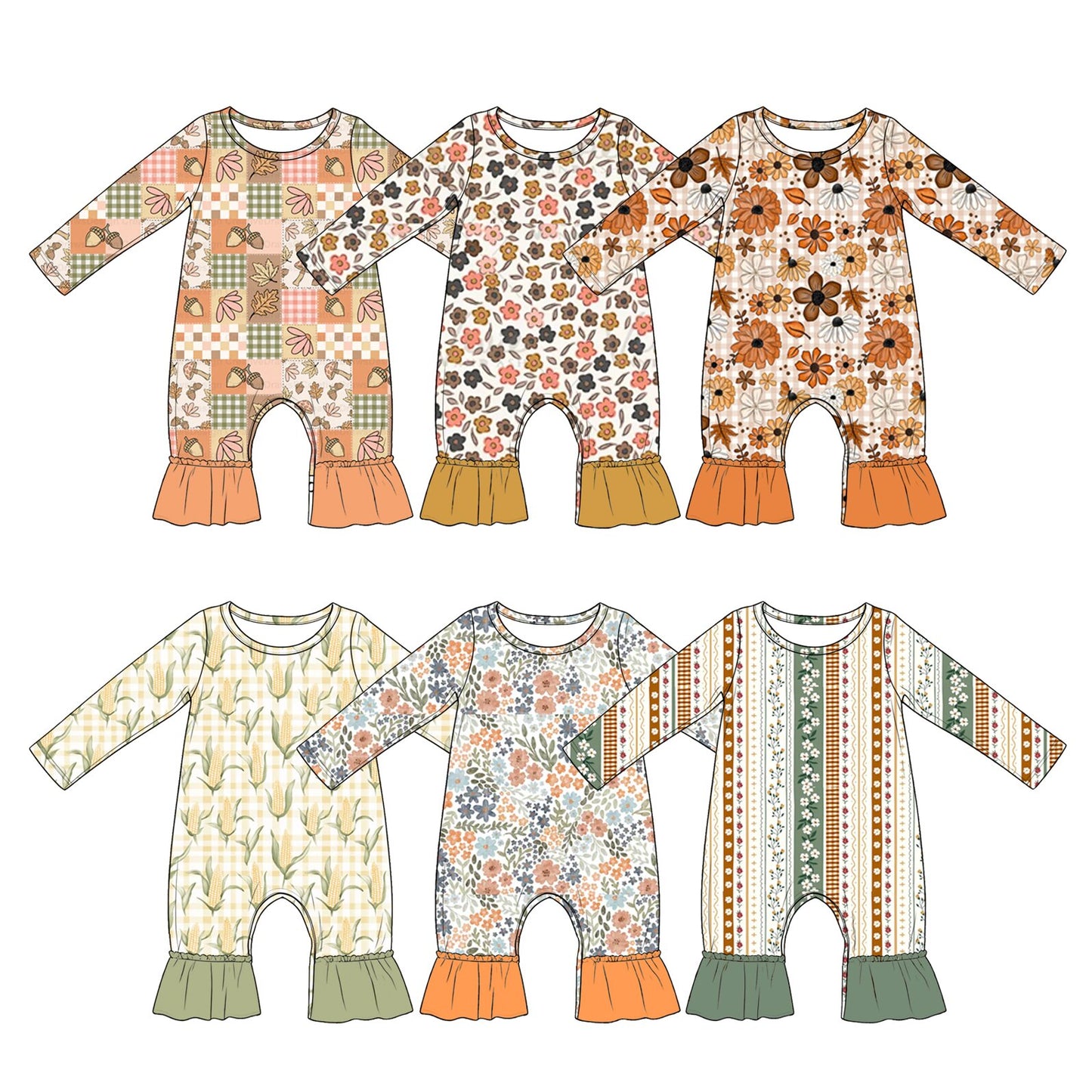 4.20 Pre Order No moq Baby Girls Long Sleeve Mushroom Flowers Ruffle Pant Fall Rompers