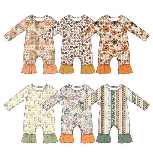 4.20 Pre Order No moq Baby Girls Long Sleeve Mushroom Flowers Ruffle Pant Fall Rompers