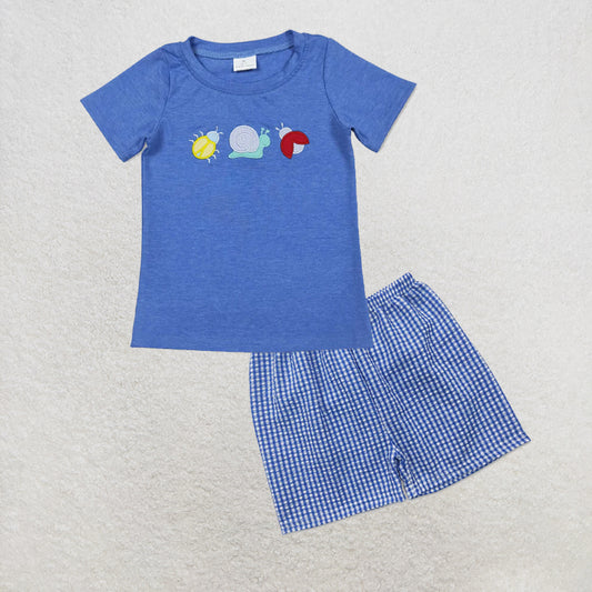 5.15 RTS NO MOQ （In stock）BT1725+SS0074 Blue short sleeves snail embroidery boys shirt outfits