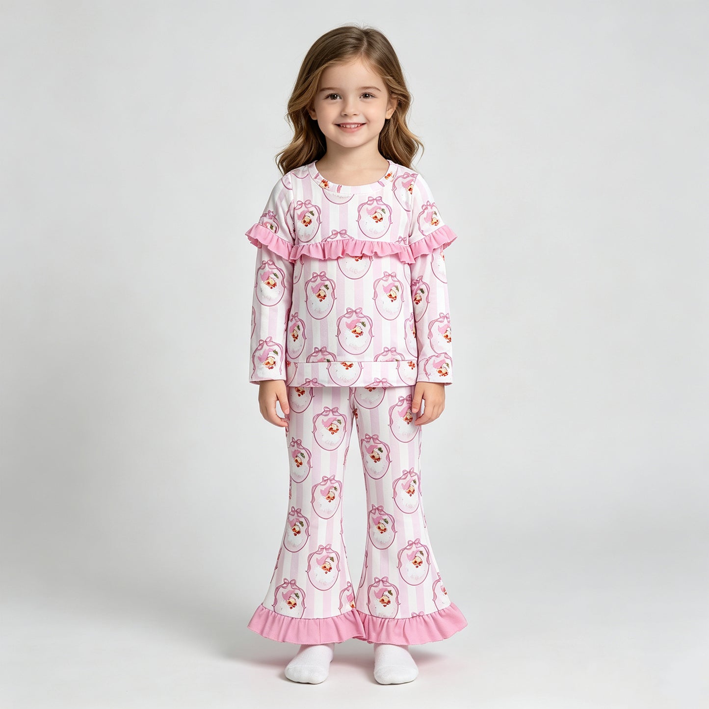 GLP3450  RTS NO MOQ （In stock）Pink ruffle stripe santa bow kids girls Christmas outfits