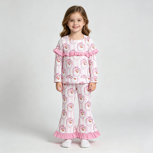 GLP3450  RTS NO MOQ （In stock）Pink ruffle stripe santa bow kids girls Christmas outfits