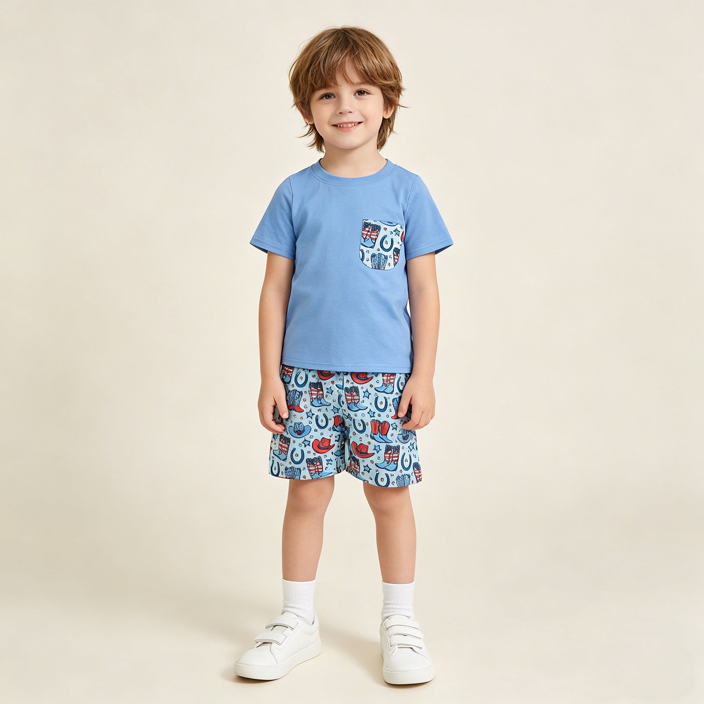 BSSO1829 RTS NO MOQ （In stock ）Pocket top boots hat shorts boys 4th of july outfits