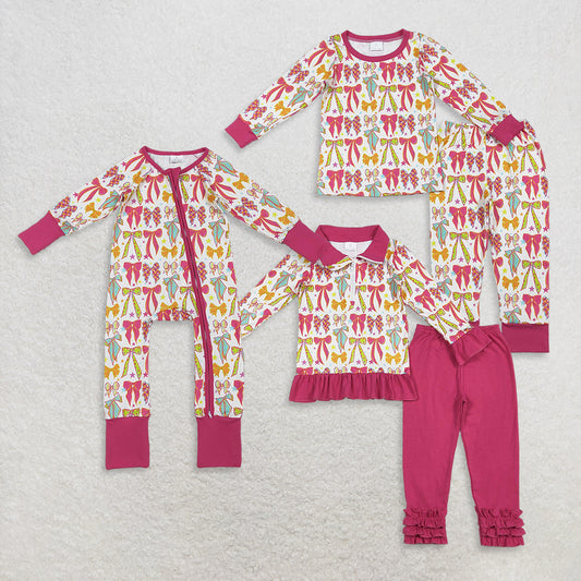 RTS Sibling Baby Girls Winter Outfits Kids Girls Long Sleeve Pajamas Set Colorful Bow Top with Pants Comfortable Nightwear Rompers for Children
