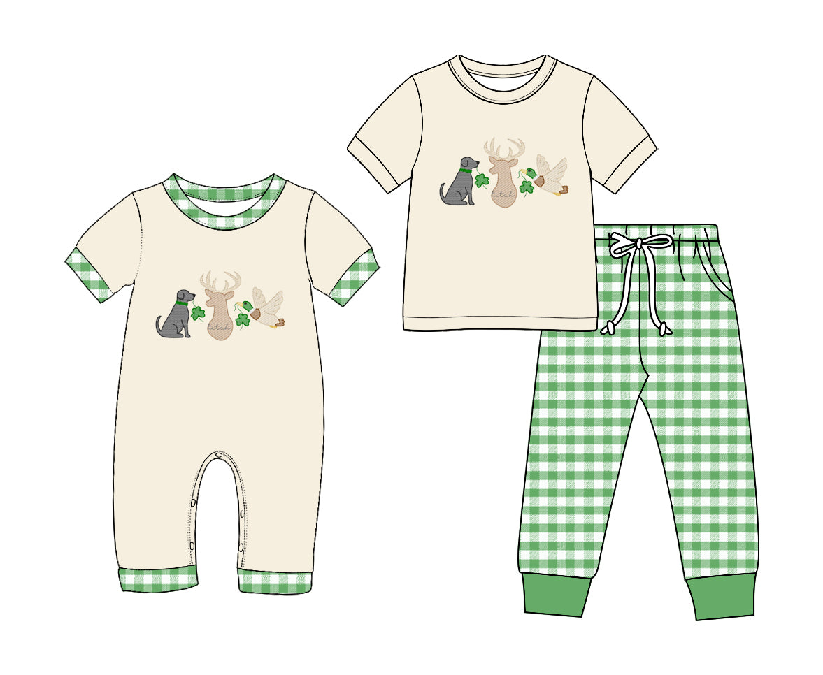 (Preorder new) No moq Baby Boys Dog Deer Duck Clover Embroidery Romper And Short Sleeve Top Pant Set