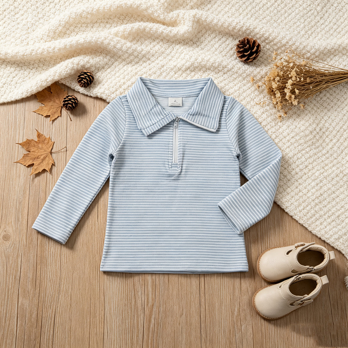 RTS NO MOQ （In stock）milk silk BT1878 Baby Boys Long Sleeve Light Blue Stripe Zip Pullovers Top