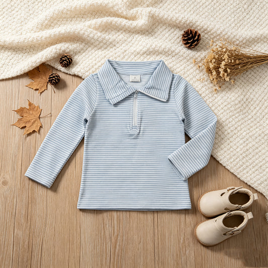 RTS NO MOQ （In stock）milk silk BT1878 Baby Boys Long Sleeve Light Blue Stripe Zip Pullovers Top