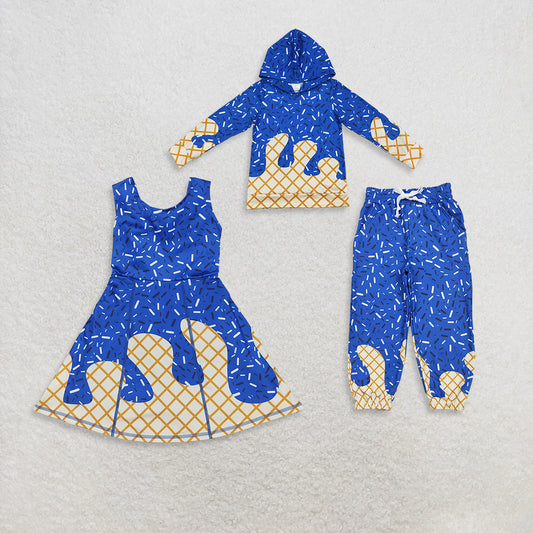 RTS Sibling Baby Girls Outfits Blue Ice Cream Sprinkle Long Sleeve Baby Kids Hoodie Pants Set Team Dress Outfit for Children