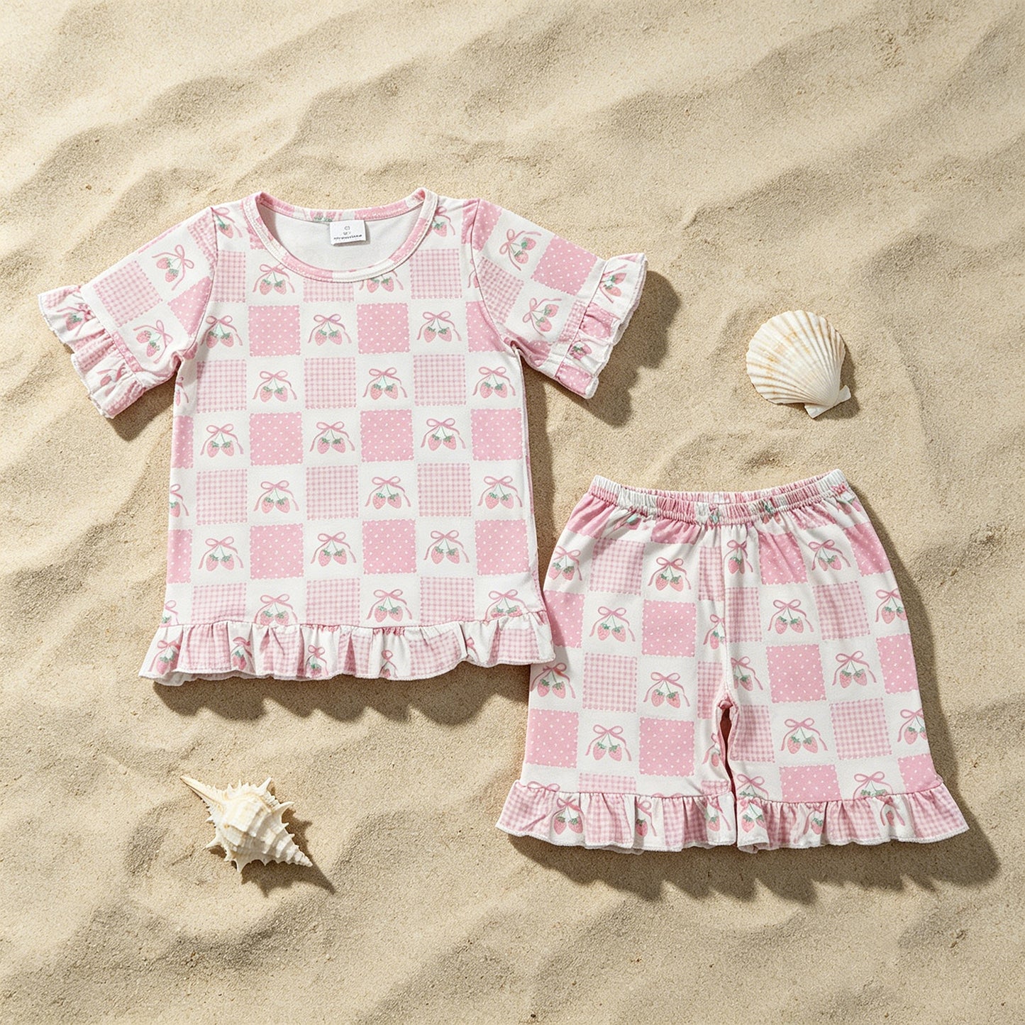 GSSO3342 RTS NO MOQ （In stock ）Short sleeves pink bow strawberry kids girls outfits