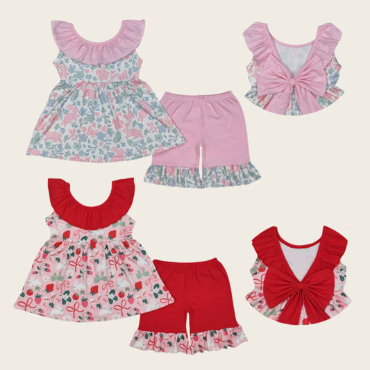 11.10 RTS Sibling Baby Girls Sleeveless Floral Easter Rabbits Bow Tunic Ruffle Shorts Clothes Sets