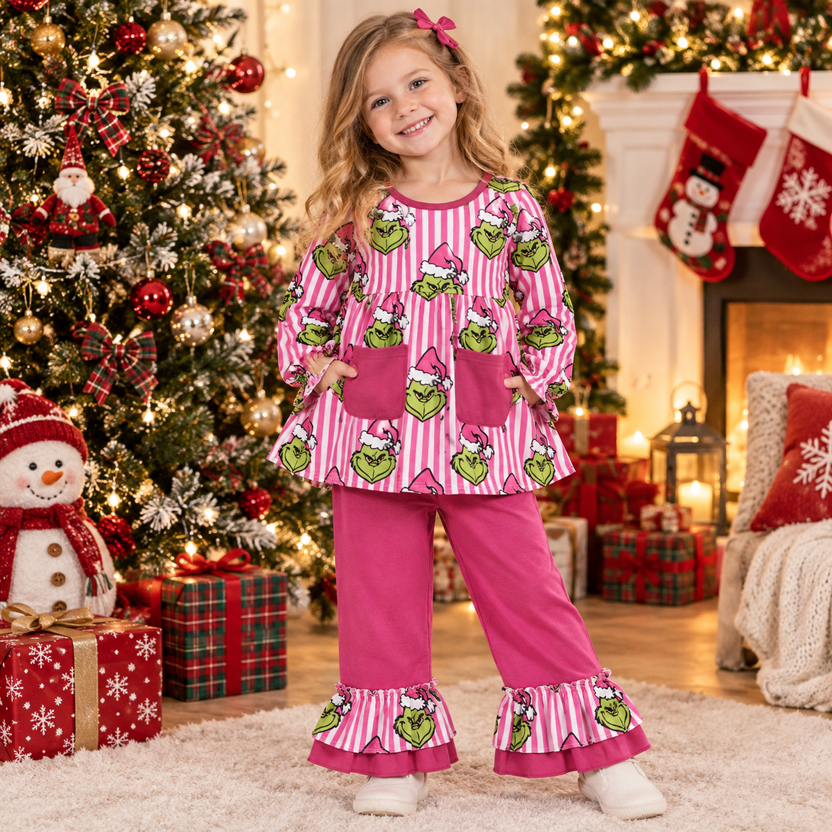 RTS NO MOQ （In stock）milk silk GLP3458 Baby Girls Pink Stripe Frogs Pockets Tunic Ruffle Pant Christmas Clothes Set