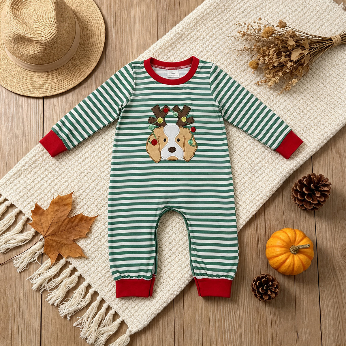 RTS NO MOQ milk silk LR3146 Embroidery Lights Dog Baby Boys Green Stripe Christmas Pant Rompers