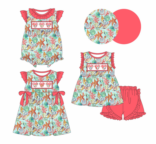 Baby Girls Pink Sleeveless Sea World Cartoon Mouse Tunic Ruffle Short Set