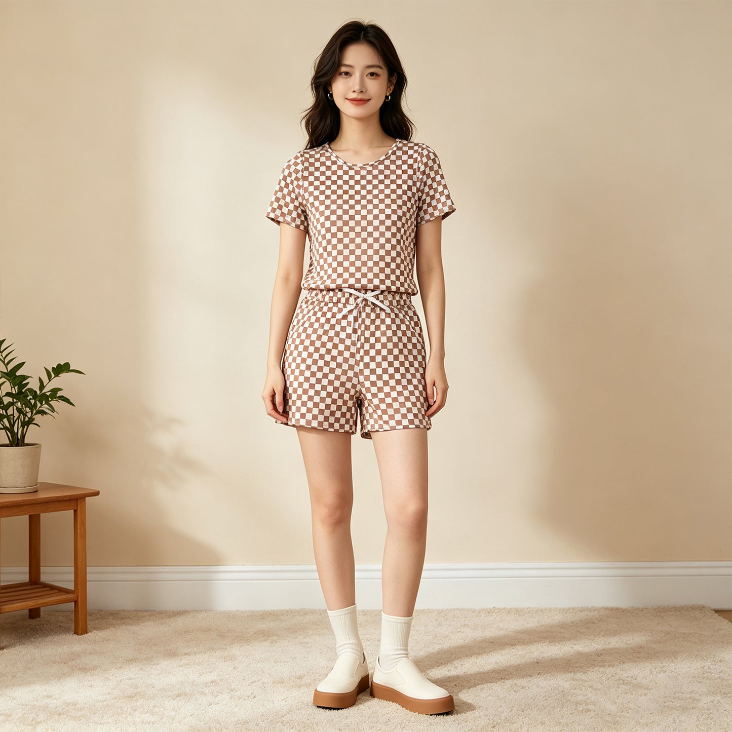GSSO2680  RTS NO MOQ （In stock） milk silk Adult Women Khaki Plaid Print Short Sleeve Top Shorts Pajama Outfit