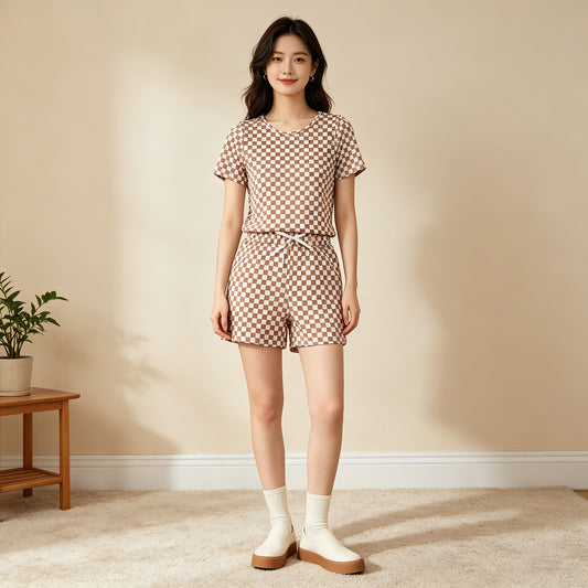 GSSO2680  RTS NO MOQ （In stock） milk silk Adult Women Khaki Plaid Print Short Sleeve Top Shorts Pajama Outfit