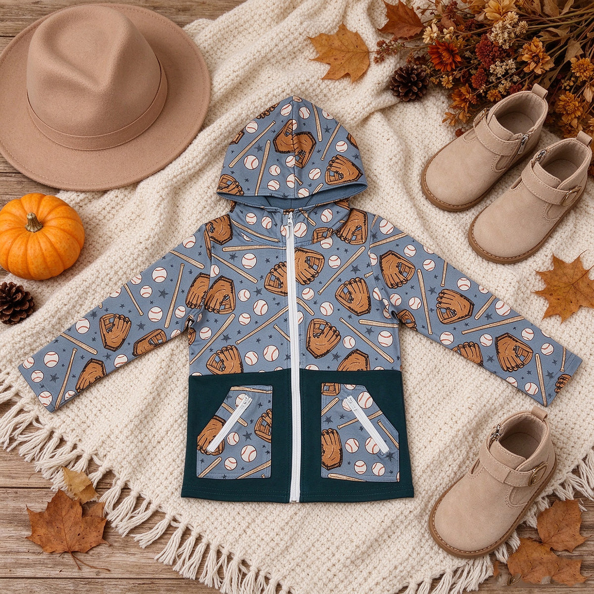 RTS NO MOQ （In stock）milk silk BT1342 Baby Boys Baseballs Stars Pocket Zipper Team Hoodies Top
