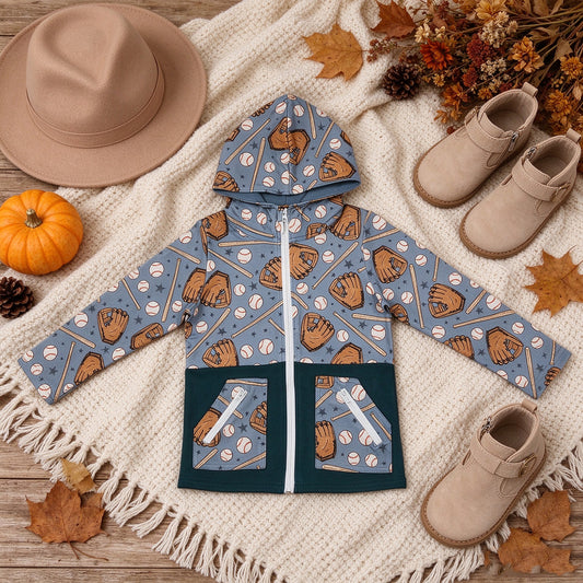 RTS NO MOQ （In stock）milk silk BT1342 Baby Boys Baseballs Stars Pocket Zipper Team Hoodies Top