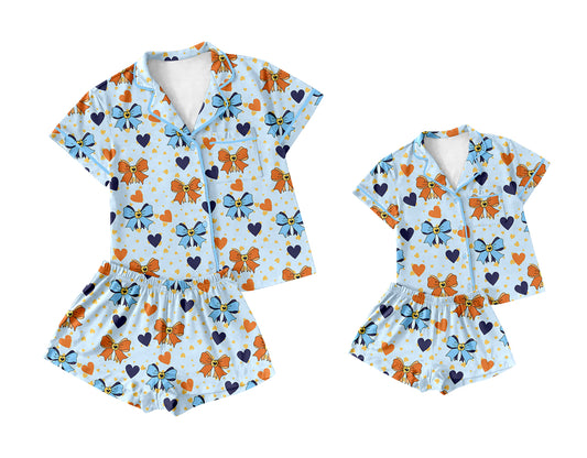Adult Women's Button-Down Pajamas Yellow Blue Dog Bow Design Comfortable Sleepwear for Ladies