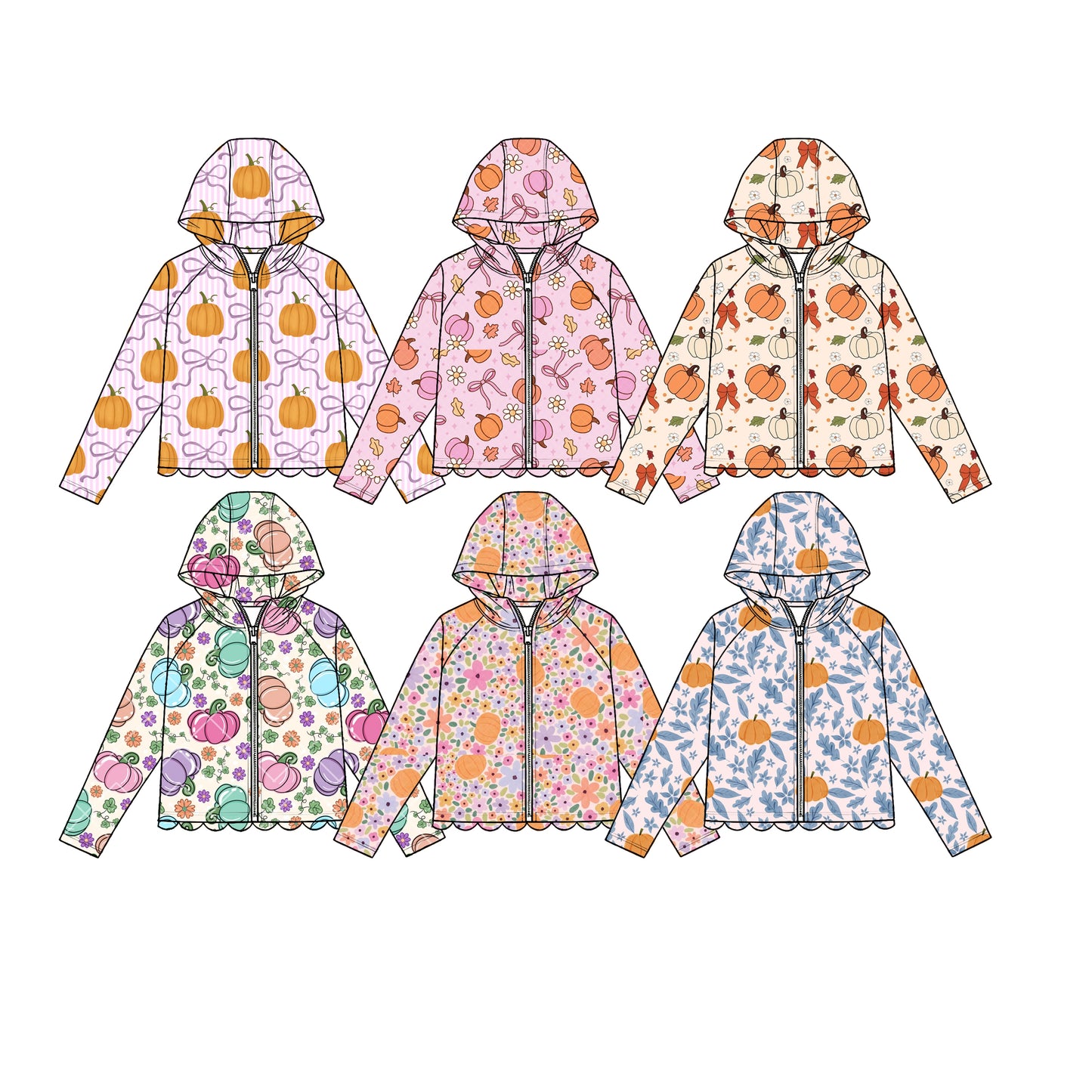 4.23 Pre order No Moq Baby Girls Sweet Long Sleeve Pumpkin Print Bow Zip Scallop Hoodie