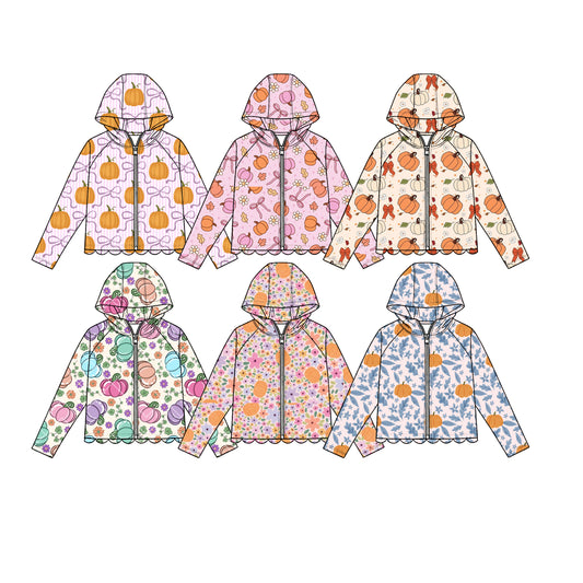 4.23 Pre order No Moq Baby Girls Sweet Long Sleeve Pumpkin Print Bow Zip Scallop Hoodie