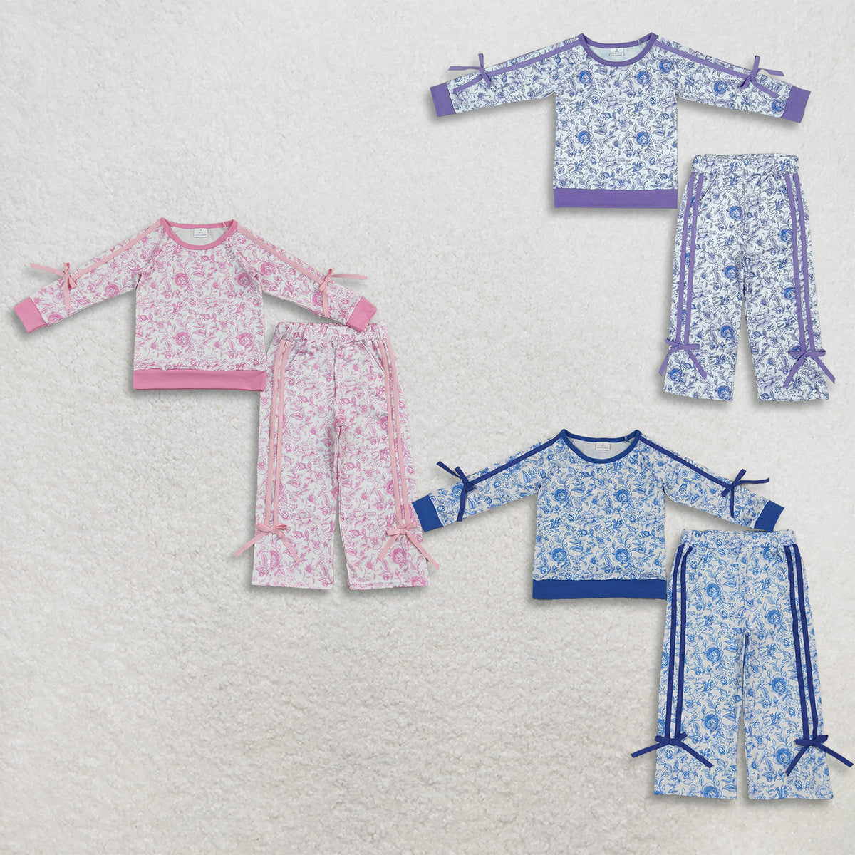 RTS NO MOQ Sibling milk silk Baby Girls Flowers Top Bows Pockets Flare Pant Fall Clothes Sets