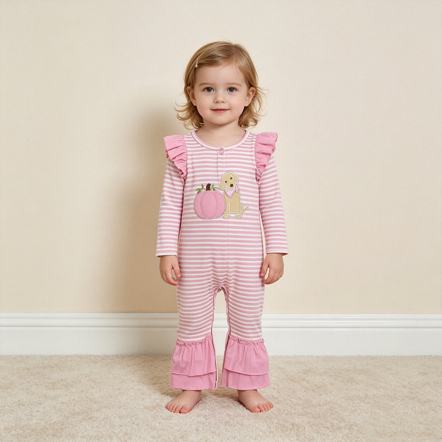 RTS NO MOQ （In stock）milk silk LR3140 Embroidery Baby Girls Pink Stripe Pumpkin Dog Print Long Sleeve Ruffle Fall Romper