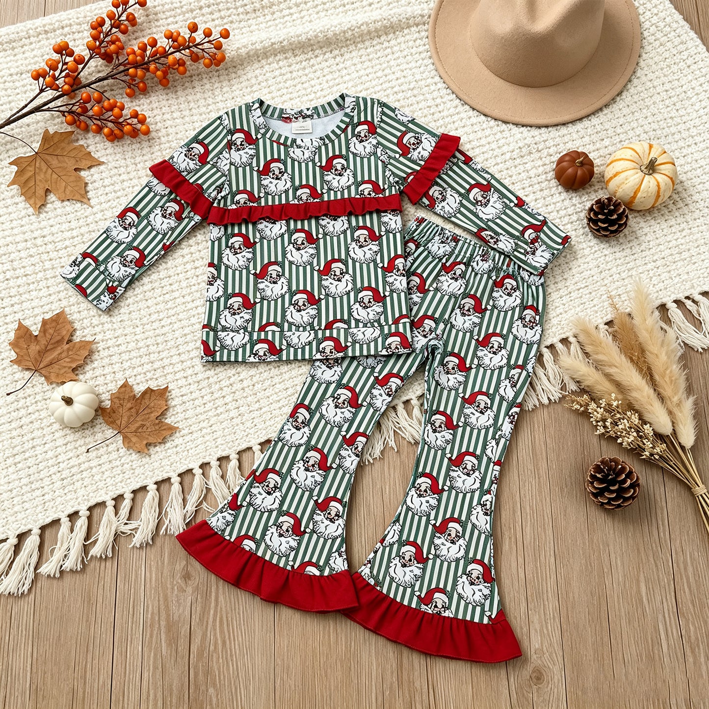 GLP3452 RTS NO MOQ （In stock）milk silk Baby Girls Santa Green Stripe Print Long Sleeve Top Bell Bottom Flare Pants Christmas Set
