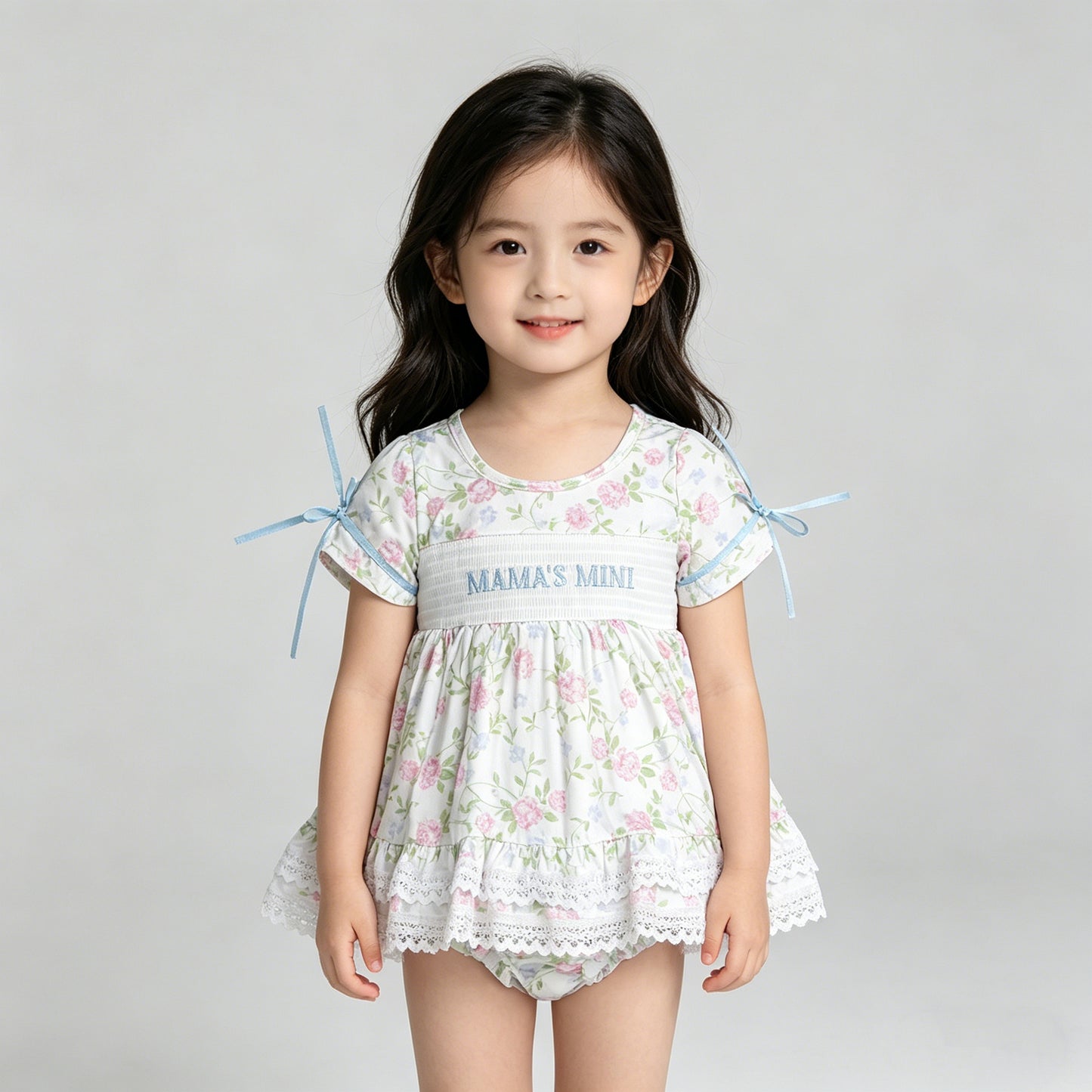 4.13 GBO0498 RTS NO MOQ （In stock ）Floral Mama's mini smocked tunic bummies girls set