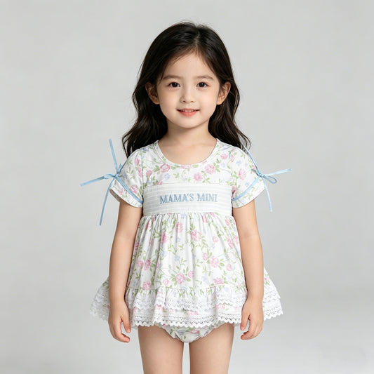 4.13 GBO0498 RTS NO MOQ （In stock ）Floral Mama's mini smocked tunic bummies girls set
