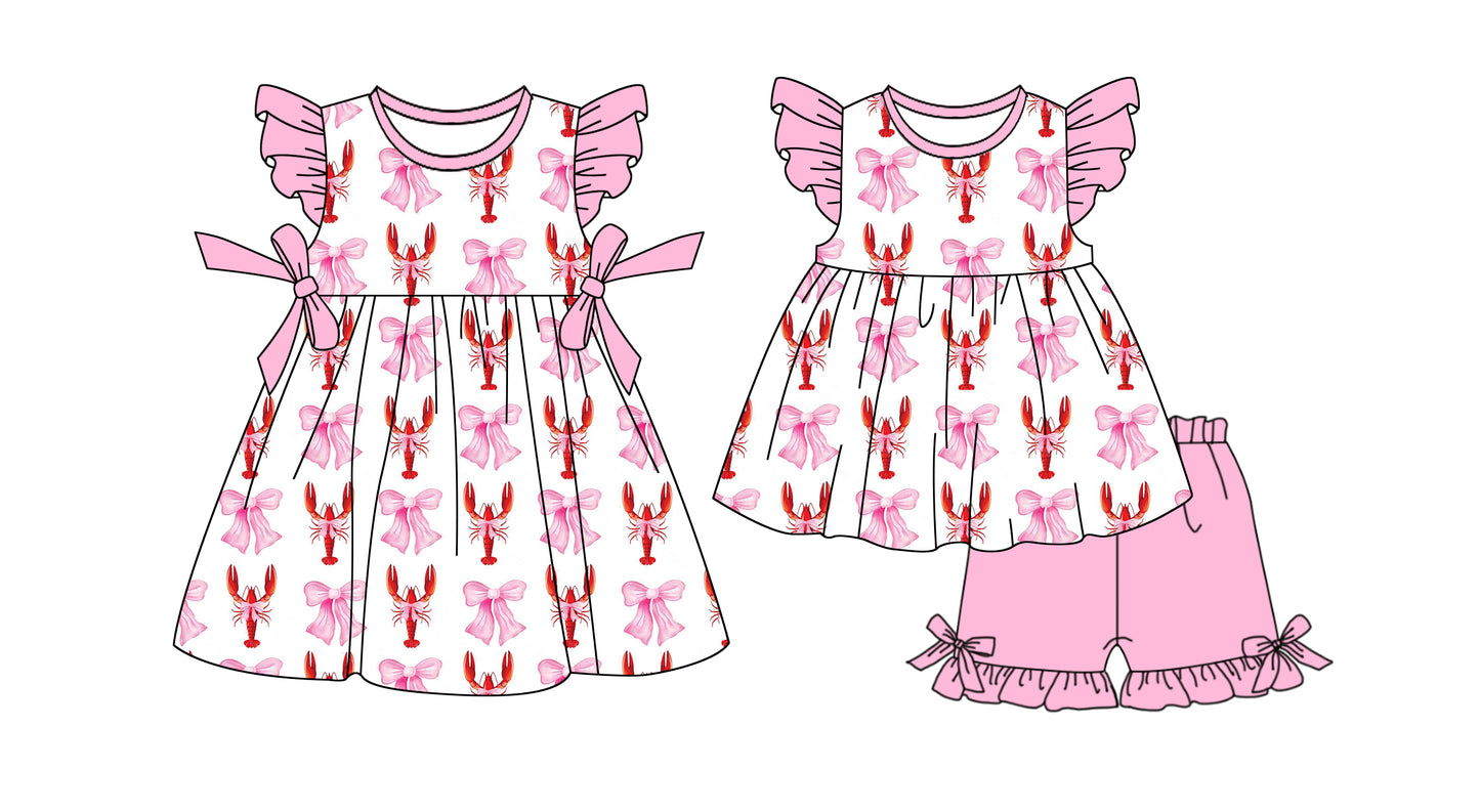 Pink flutter sleeves crawfish bow baby girls outfits