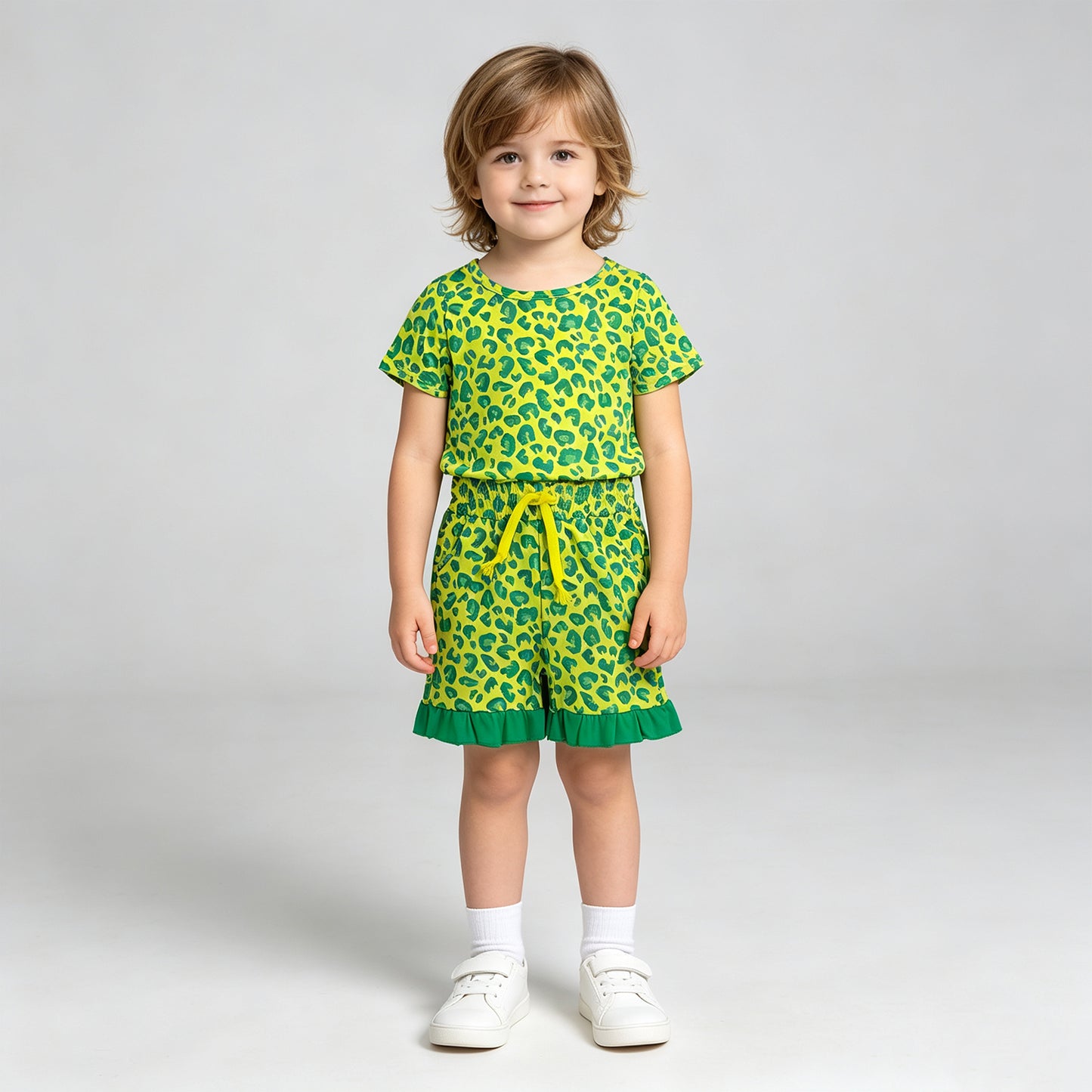 GSSO3812 RTS NO MOQ （In stock）Baby Girls Light Green Leopard Pocket Ruffle Shorts Casual Clothes Set