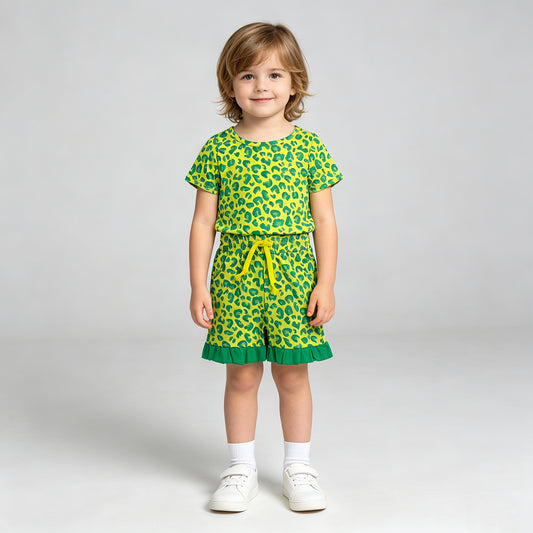 GSSO3812 RTS NO MOQ （In stock）Baby Girls Light Green Leopard Pocket Ruffle Shorts Casual Clothes Set
