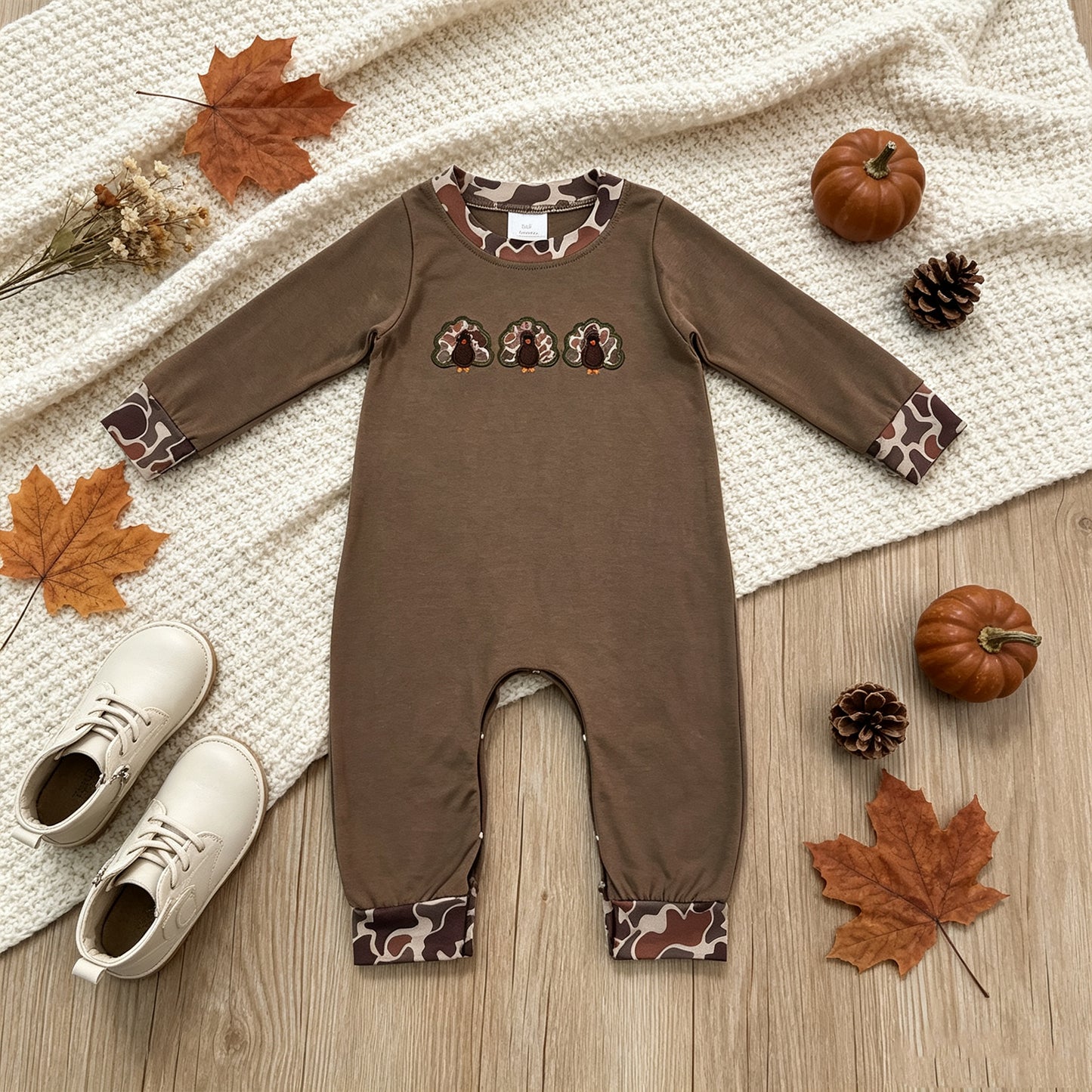 RTS NO MOQ milk silk LR3108 Embroidery Baby Boys Camo Turkey Thanksgiving Romper Holiday Outfit