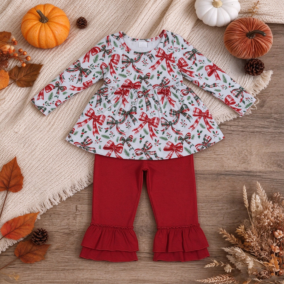 RTS NO MOQ （In stock）GLP3541 milk silk Baby Girls Checked Bows Holly Top Ruffle Pant Christmas Clothes Sets