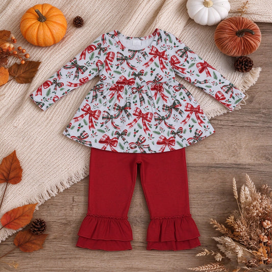 RTS NO MOQ （In stock）GLP3541 milk silk Baby Girls Checked Bows Holly Top Ruffle Pant Christmas Clothes Sets