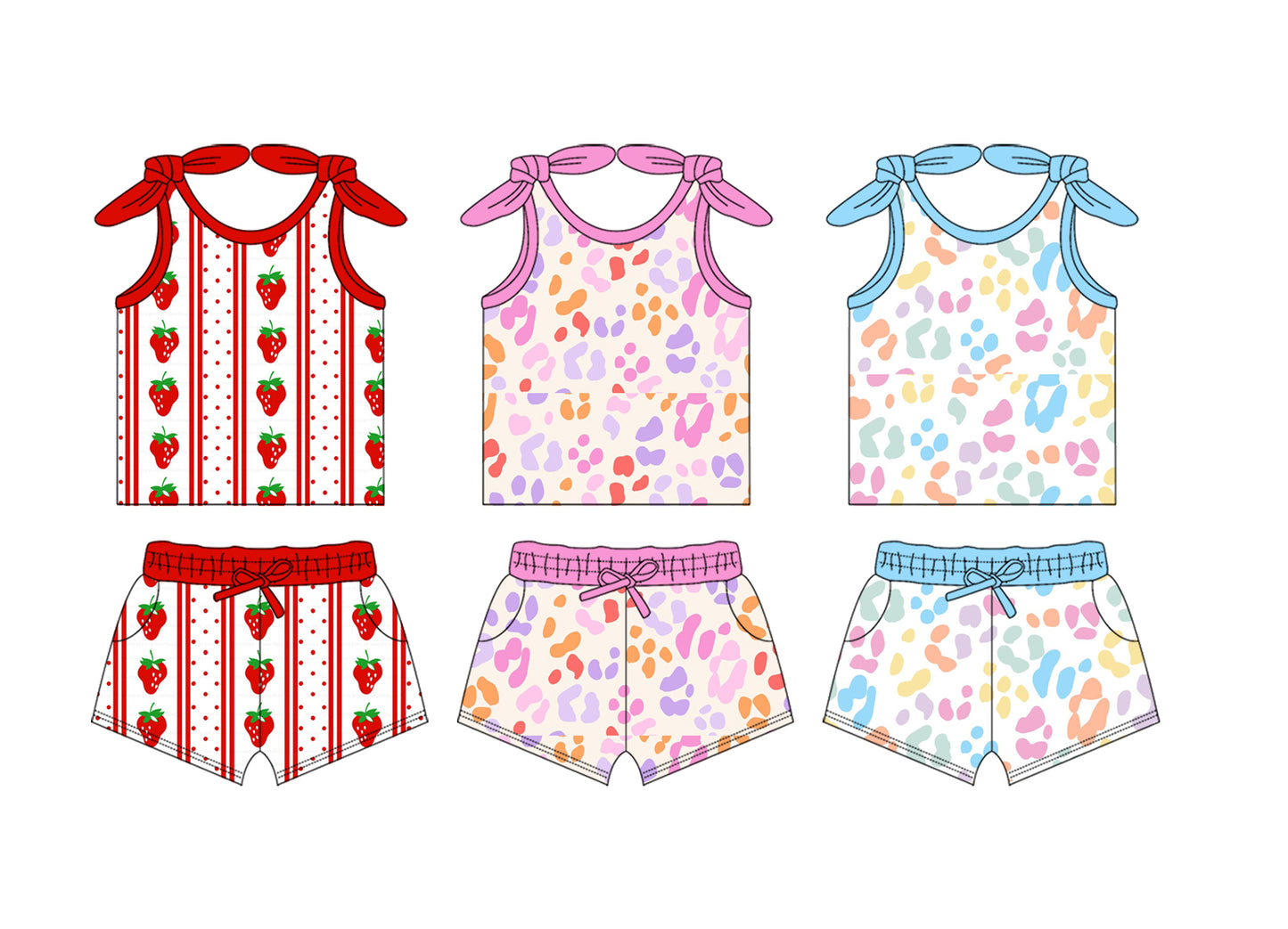 Baby Girls Blue Bows Strap Colorful Leopard Top Pocket Shorts Set